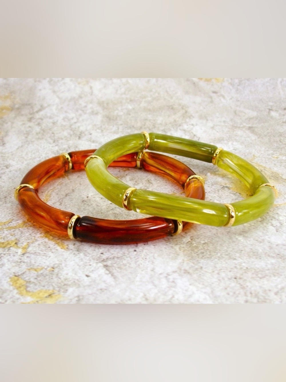 Green and brown double stretch bracelet set with gold accents 7.5" long NEW